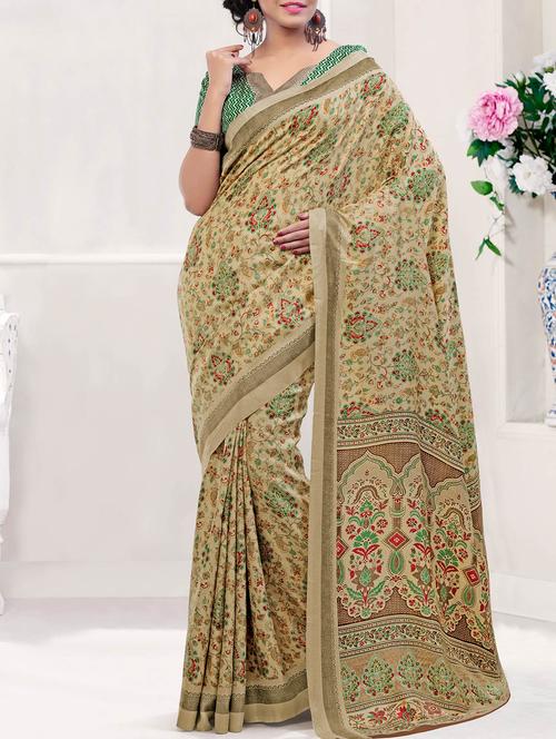 beige pasmina silk printed saree with blouse - 12298623 - Very Small Image - 1