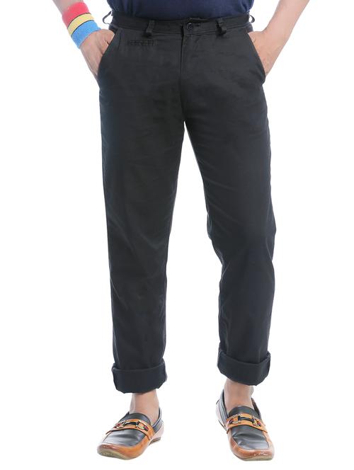 black cotton flat front casual trousers - 12299250 - Very Small Image - 1