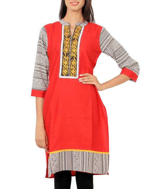 red cotton straight kurti - 12299706 - Very Small Image - 1