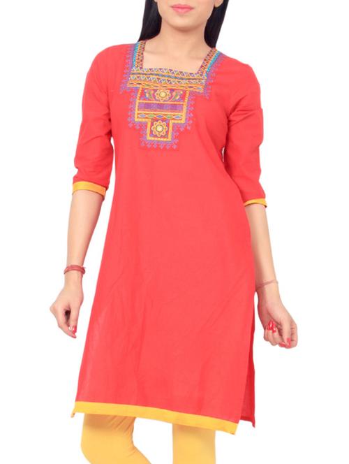 red cotton straight kurta - 12299713 - Very Small Image - 1
