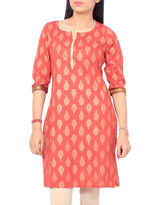 red cotton straight kurti - 12299714 - Very Small Image - 1