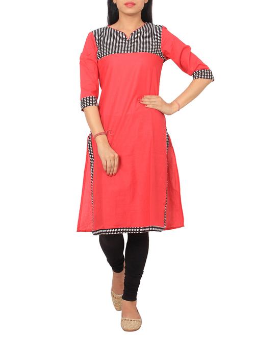 red cotton straight kurta - 12299744 - Very Small Image - 1