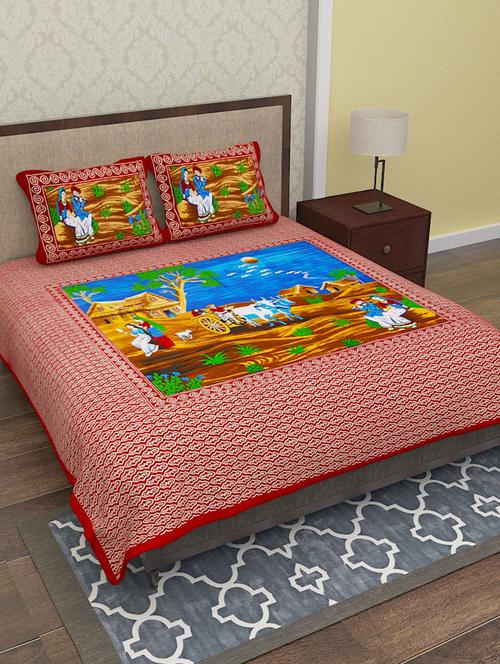 chokor jaipuri cotton maroon double bedsheet set with 2 pillow covers - 12300462 - Very Small Image - 1
