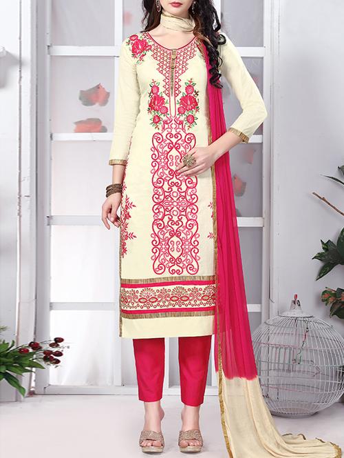 white cotton unstitched suit - 12300724 - Very Small Image - 1