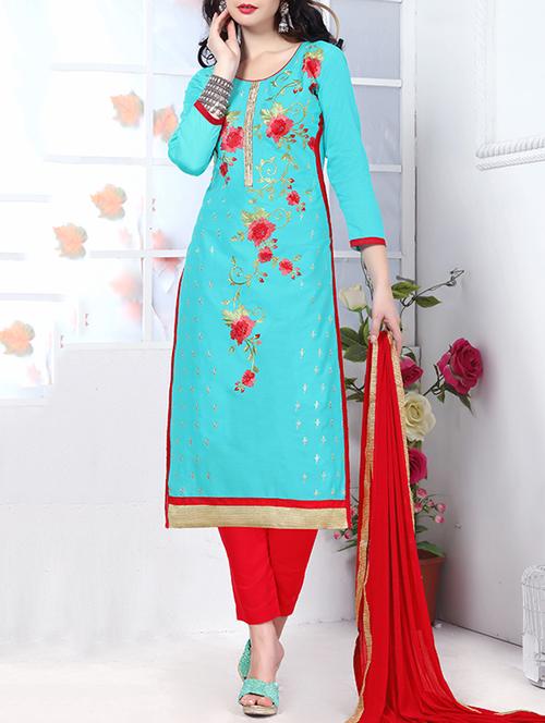 blue cotton unstitched suit - 12300725 - Very Small Image - 1