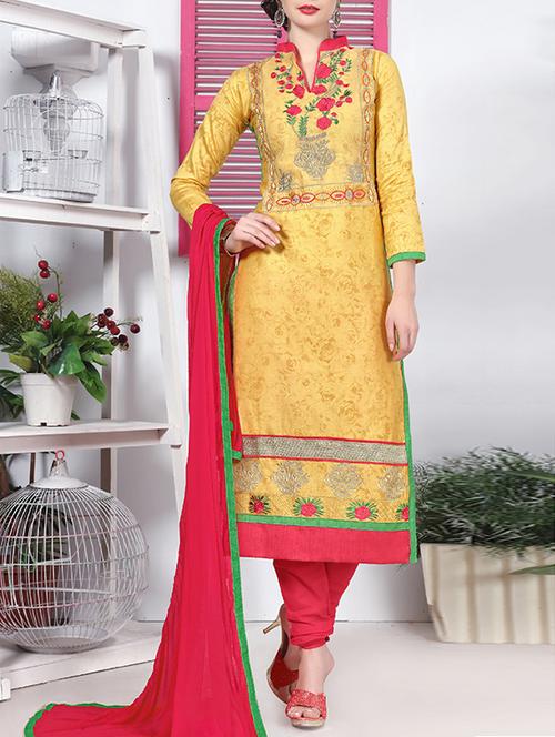 yellow cotton unstitched suit - 12300803 - Very Small Image - 1