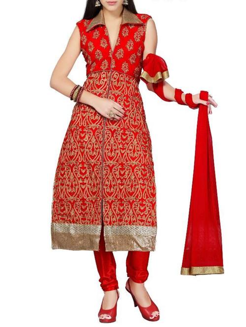 red georgette semistitched suit - 12303299 - Very Small Image - 1