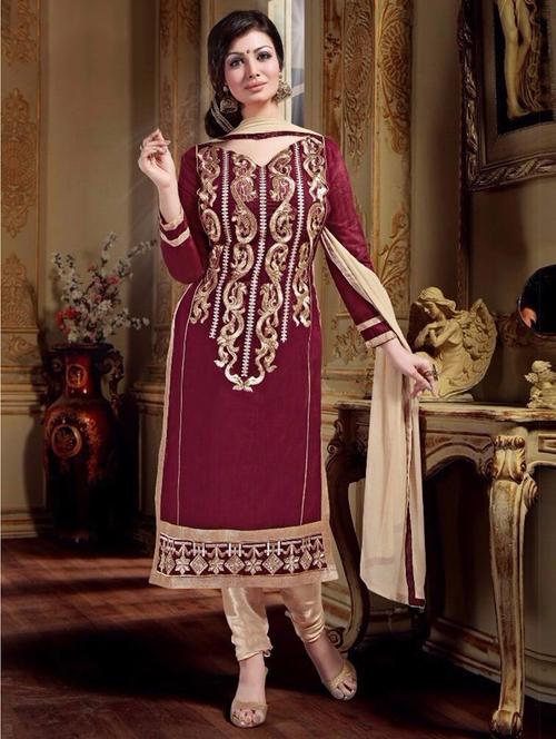 maroon cotton semistitched suit - 12303375 - Very Small Image - 1