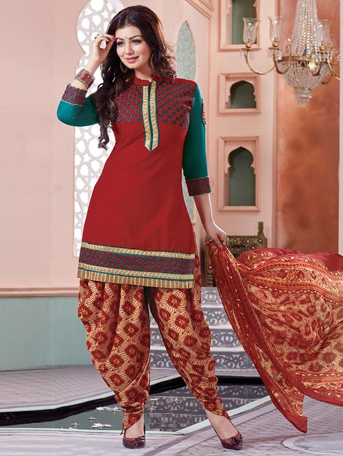 red cotton semistitched suit - 12303388 - Very Small Image - 1