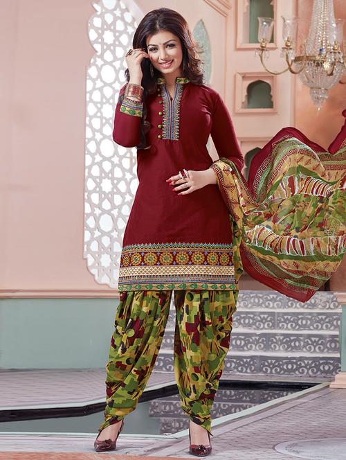 maroon cotton semistitched suit - 12303389 - Very Small Image - 1