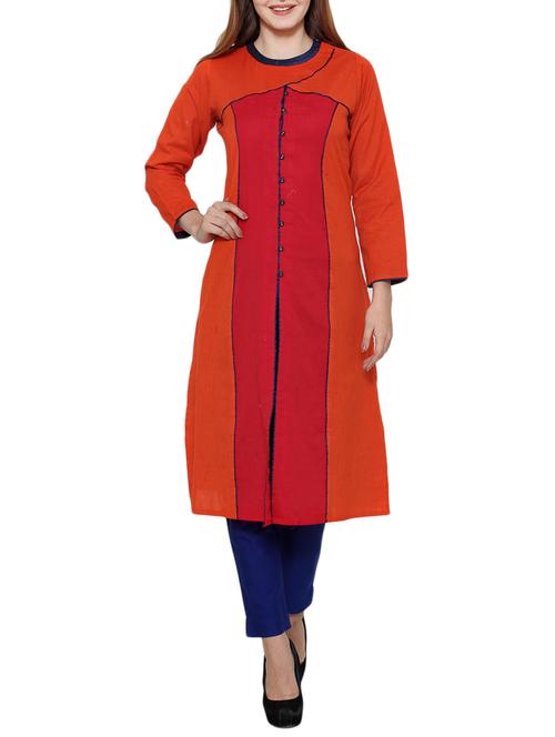 orange cotton long kurta - 12308839 - Very Small Image - 1