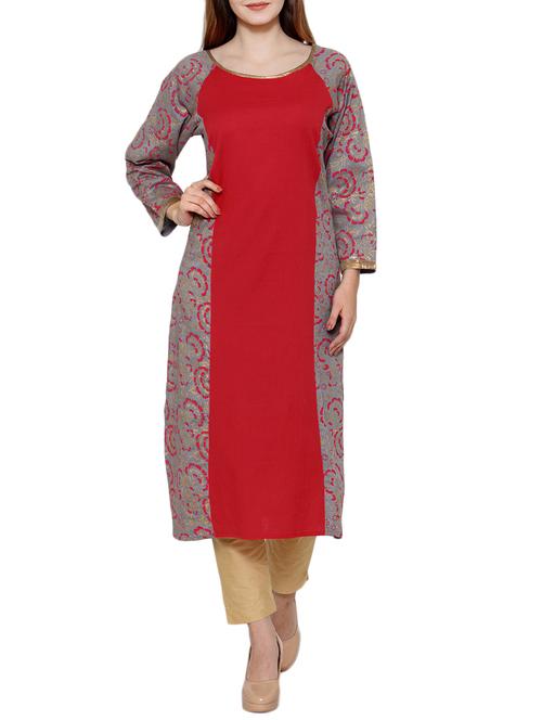 red cotton long kurta - 12308847 - Very Small Image - 1