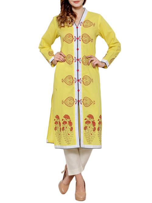 yellow cotton blend straight kurta - 12308858 - Very Small Image - 1