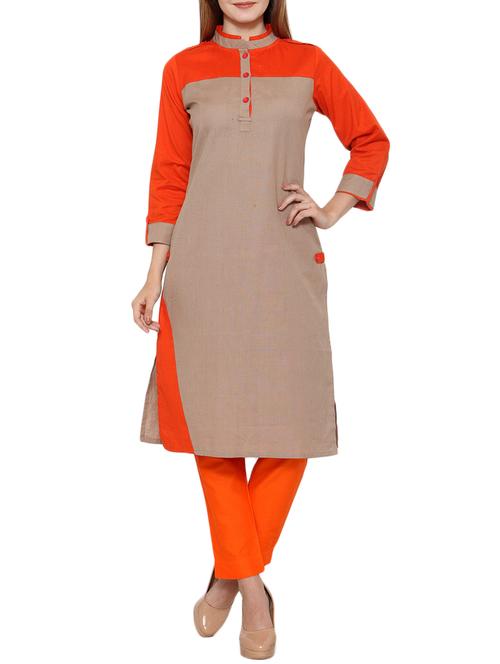 orange and brown cotton long kurta - 12308865 - Very Small Image - 1