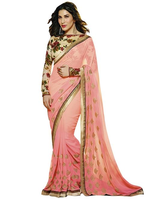 red georgette printed saree with blouse - 12313524 - Very Small Image - 1