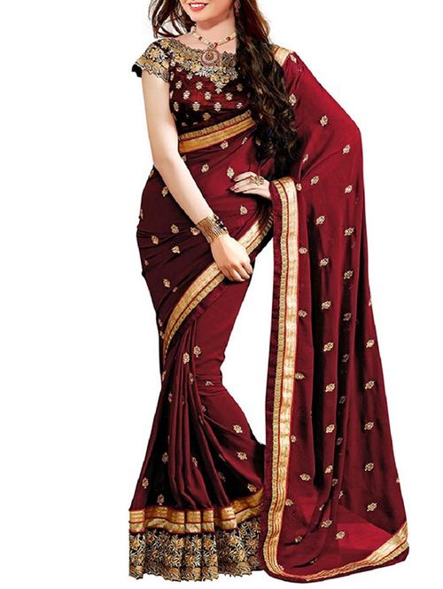 maroon georgette printed saree with blouse - 12313538 - Very Small Image - 1