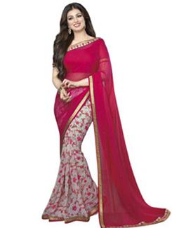 red georgette printed saree with blouse - 12313549 - Very Small Image - 1