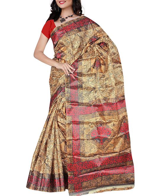 red silk printed saree with blouse - 12313562 - Very Small Image - 1