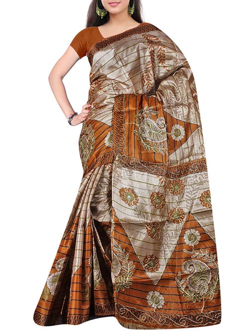 yellow silk printed saree with blouse - 12313581 - Very Small Image - 1
