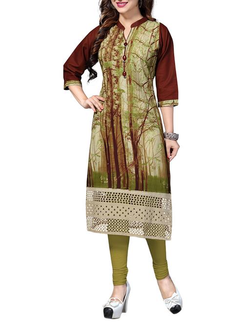 green & brown cotton a-line kurti - 12313724 - Very Small Image - 1