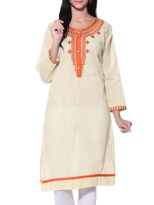 cream cotton straight kurti - 12315740 - Very Small Image - 1