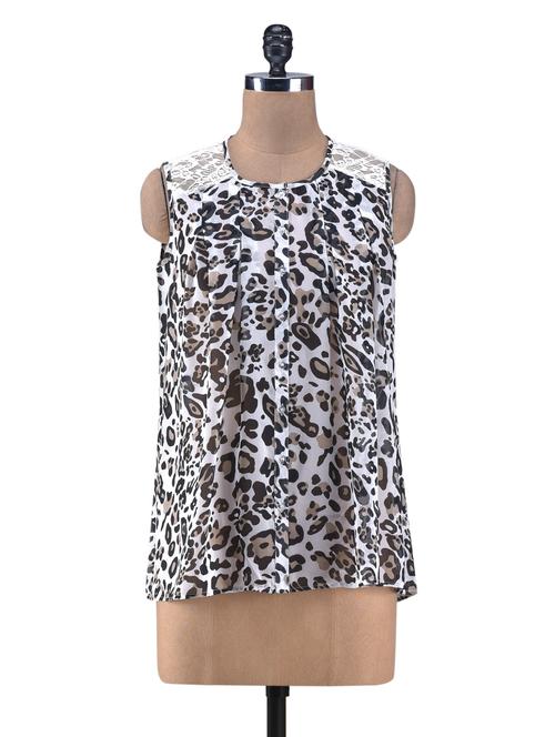 white printed gathered top with lace yoke - 1231986 - Very Small Image - 1