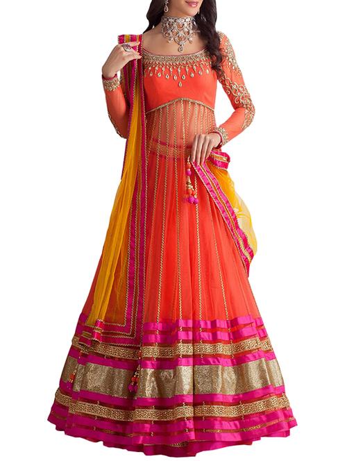 orange net embroidered lehenga - 12323927 - Very Small Image - 1