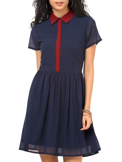contrasting collar & placket flared dress - 12324124 - Very Small Image - 1