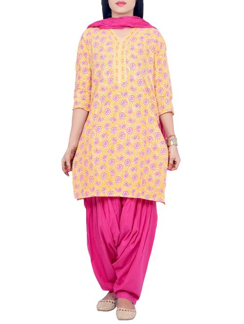 yellow cotton stitched suit set - 12326895 - Very Small Image - 1
