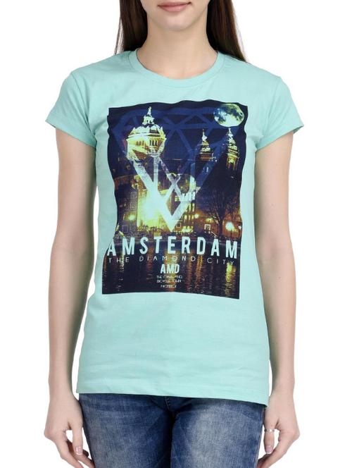sea green printed cotton regular tee - 12326992 - Very Small Image - 1