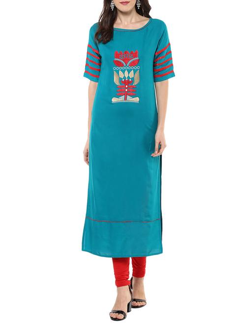 turquoise rayon straight kurta - 12328357 - Very Small Image - 1