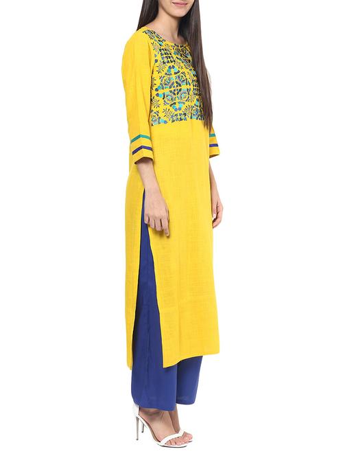yellow cotton straight kurta - 12328359 - Very Small Image - 1