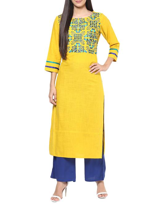 yellow cotton kurta with salwar - 12329534 - Very Small Image - 1
