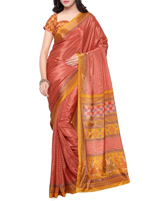 orange crepe printed saree with blouse - 12330222 - Very Small Image - 1