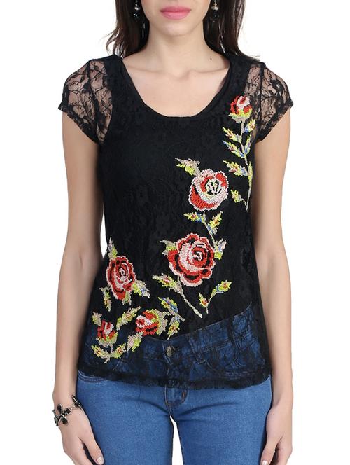 black floral embroidered rayon regular top - 12330692 - Very Small Image - 1