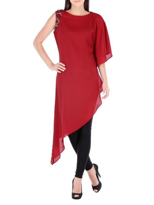 red solid crepe assymmetric tunic - 12331005 - Very Small Image - 1