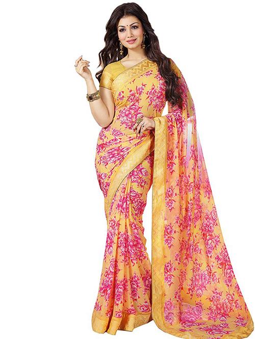 yellow georgette printed saree with blouse - 12332296 - Very Small Image - 1