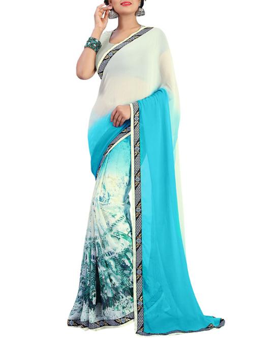 turquoise georgette printed saree with blouse - 12332311 - Very Small Image - 1