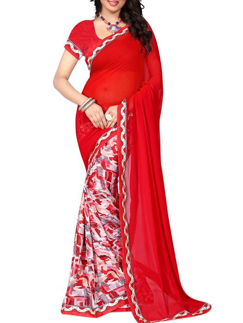 red georgette printed saree with blouse - 12332312 - Very Small Image - 1