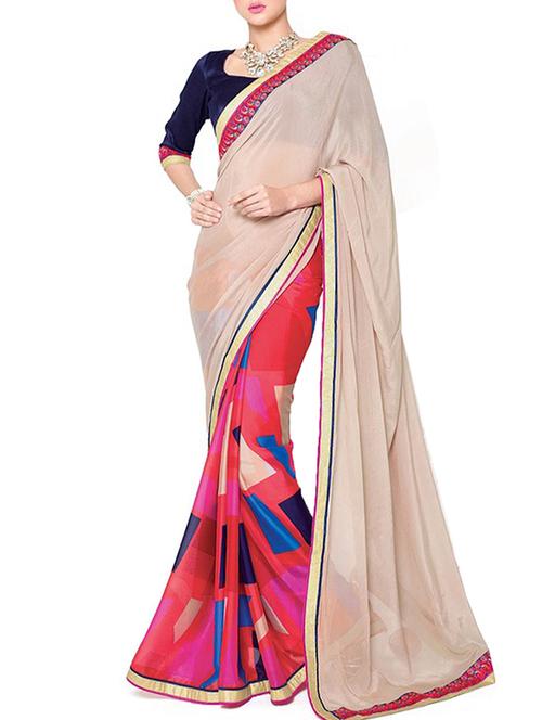red georgette printed saree with blouse - 12332314 - Very Small Image - 1