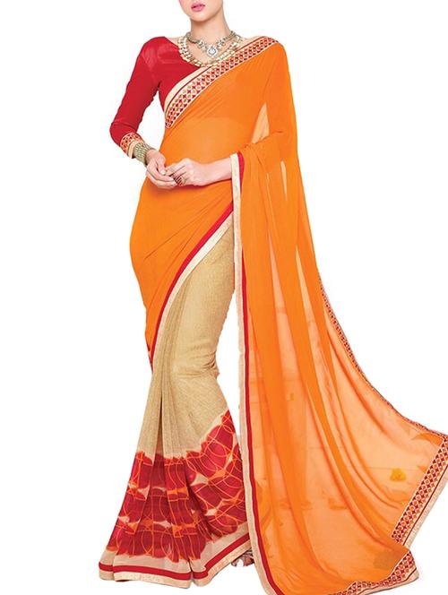 orange georgette printed saree with blouse - 12332317 - Very Small Image - 1