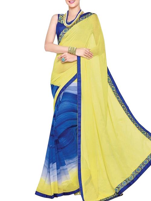 yellow georgette printed saree with blouse - 12332320 - Very Small Image - 1