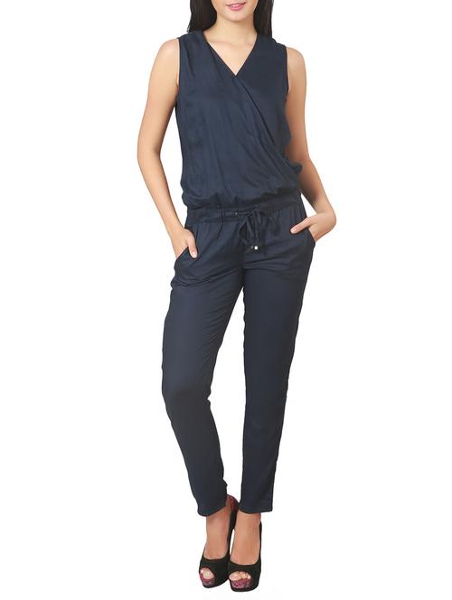 navy blue rayon full leg jumpsuit - 12336111 - Very Small Image - 1