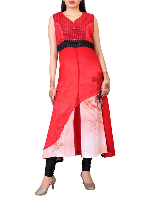 red georgette highlow kurta - 12336771 - Very Small Image - 1