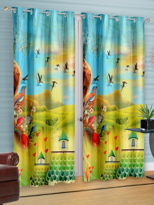 set of 2 rising sun and birds theme printed kids curtain - 12339194 - Very Small Image - 1