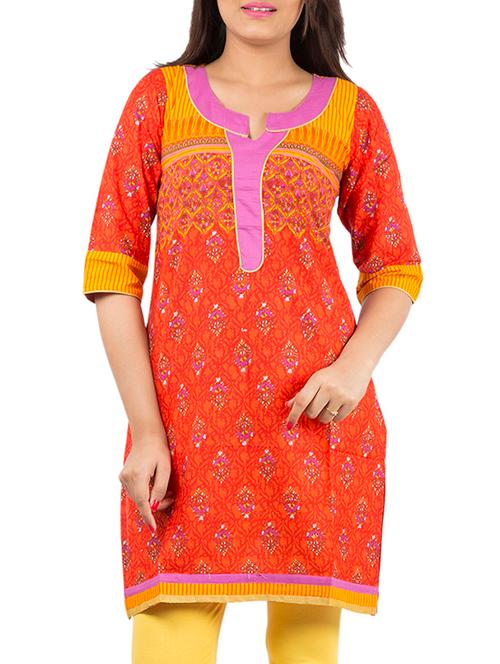 orange cotton straight kurti - 12339245 - Very Small Image - 1