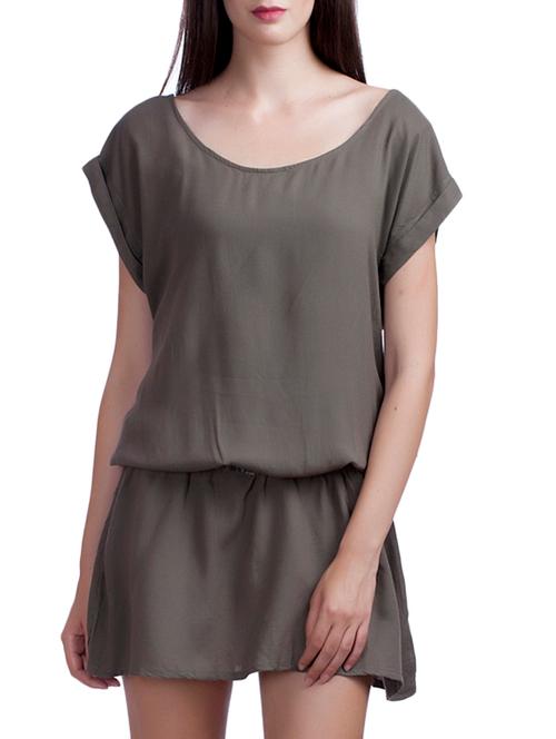 solid olive green viscose blouson dress - 12340237 - Very Small Image - 1