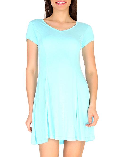 solid aqua blue viscose flared dress - 12350006 - Very Small Image - 1
