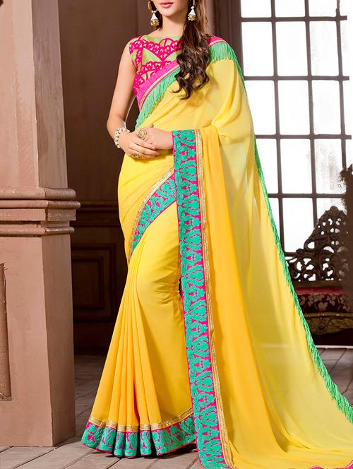 yellow georgette embroidered saree - 12353523 - Very Small Image - 1