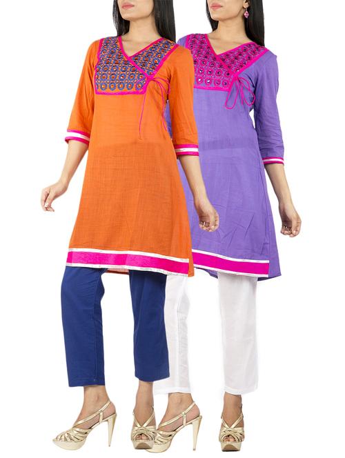 set of 2 multi colored cotton straight kurta - 12364949 - Very Small Image - 1